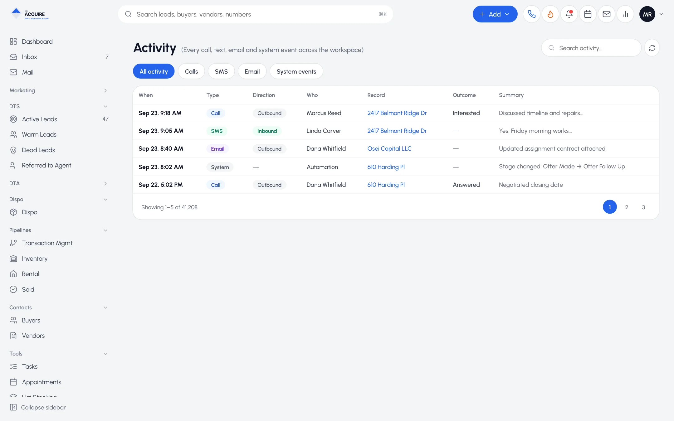 Workspace Activity feed listing calls, texts, emails and stage changes