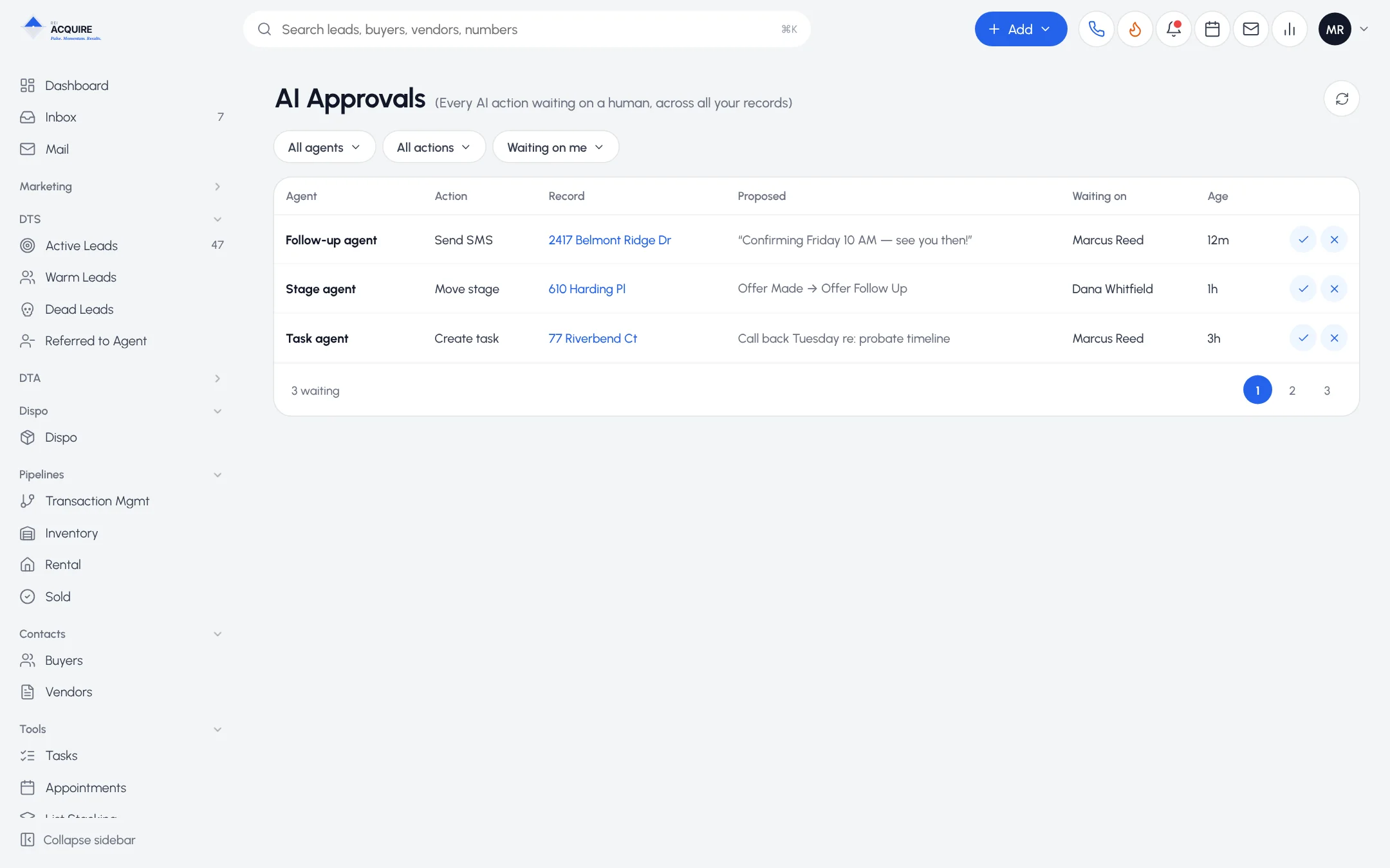 AI Approvals queue listing AI-prepared actions waiting for a person to release them