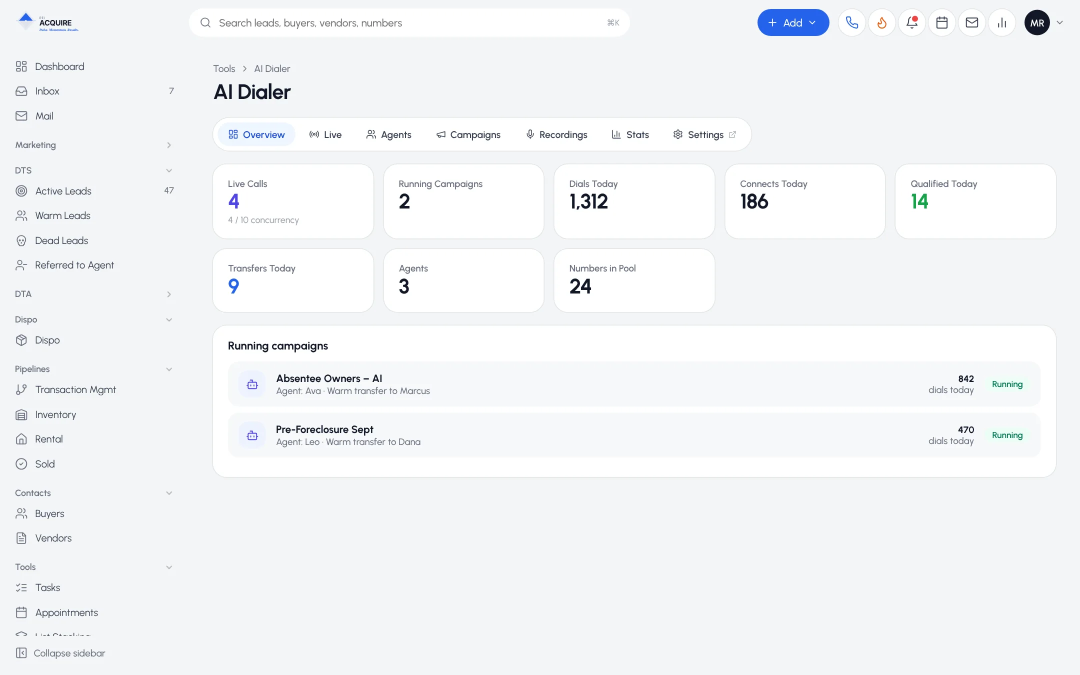 AI Dialer overview with live calls, running campaigns, transfers and agents