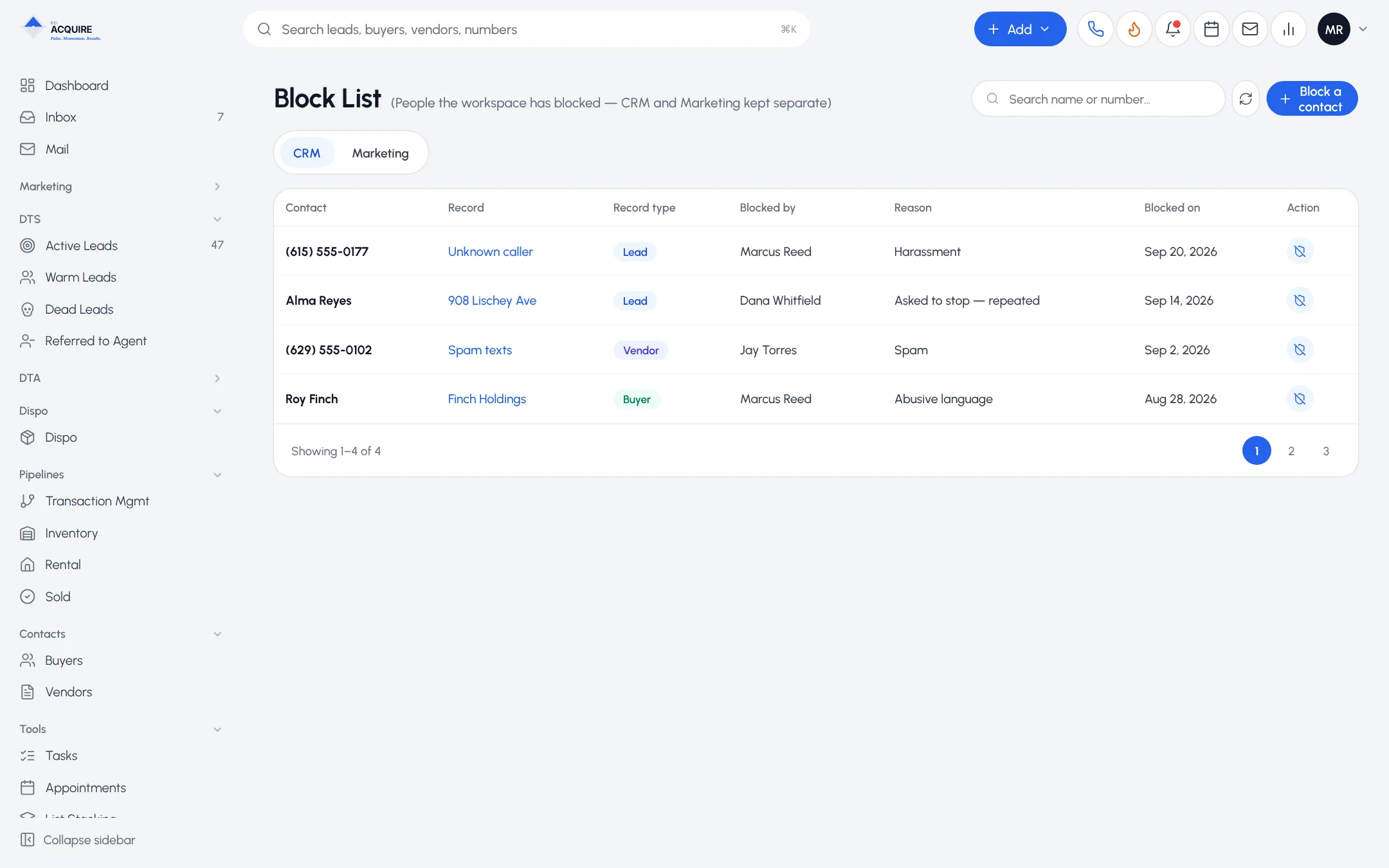 Block List showing blocked contacts, who blocked them and the reason