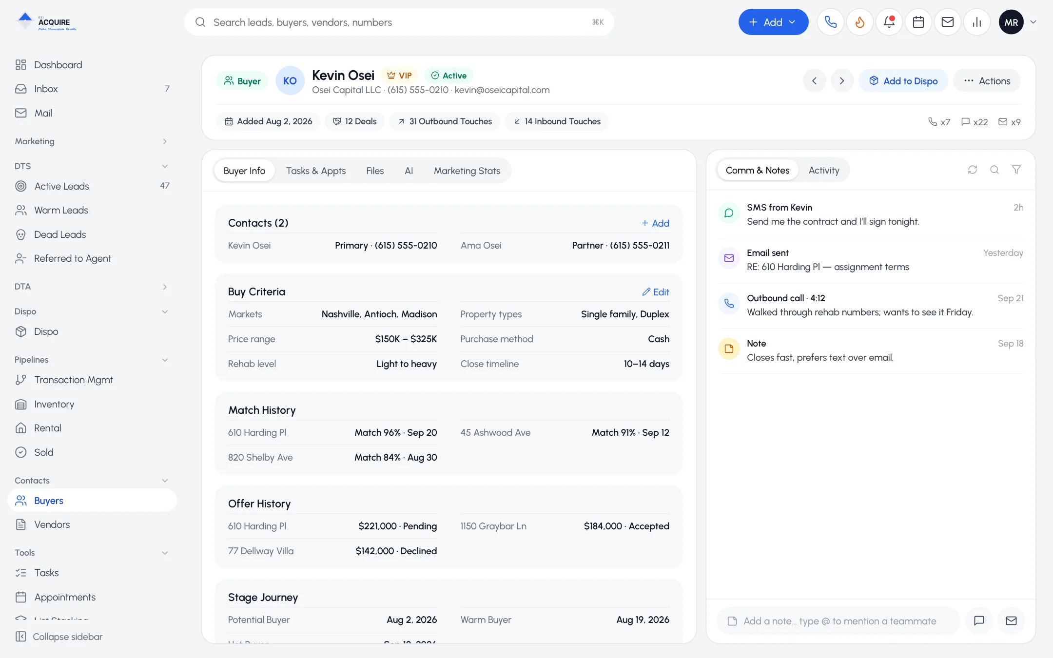 Buyer record with contacts, buy criteria, match history, offer history and communication feed