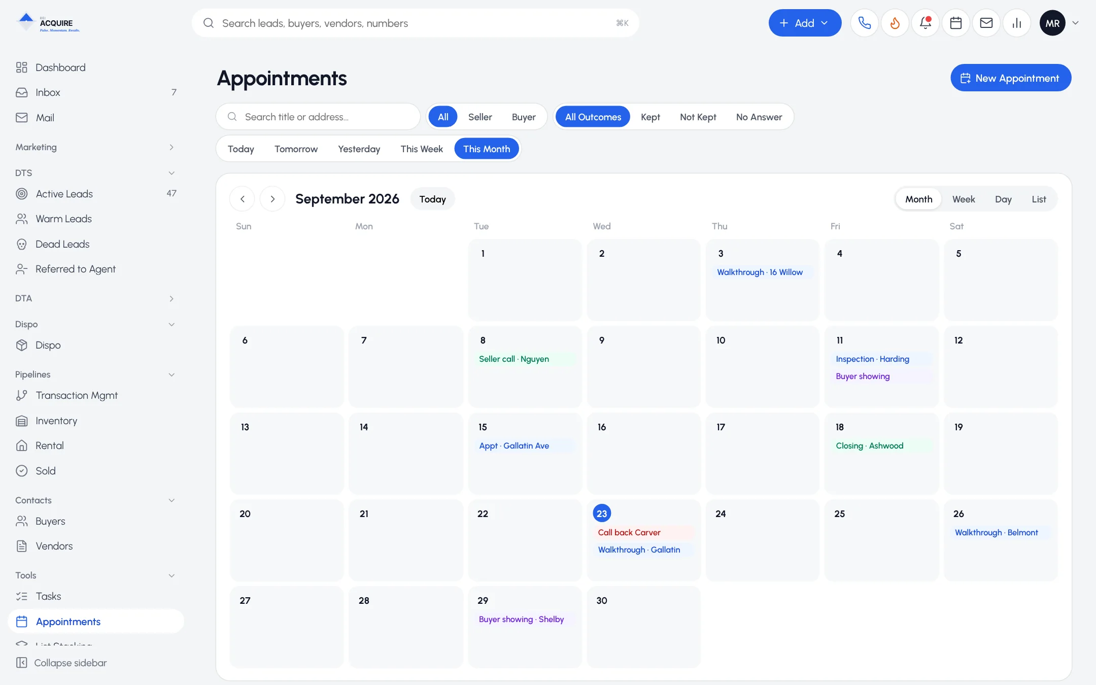 Shared appointments calendar in month view inside REI Acquire