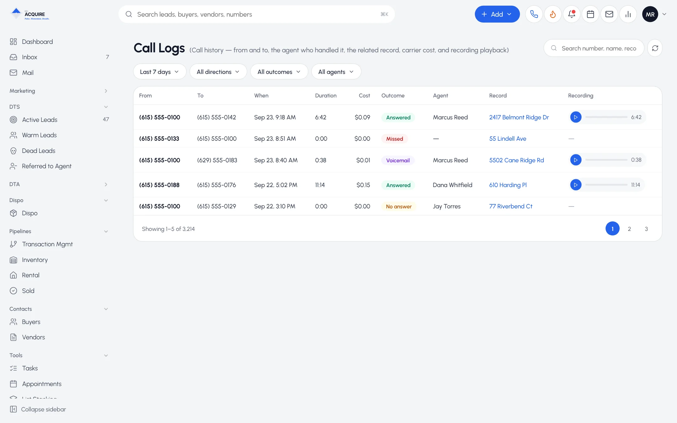 Call Logs table with caller, recipient, duration, cost, outcome and recording playback