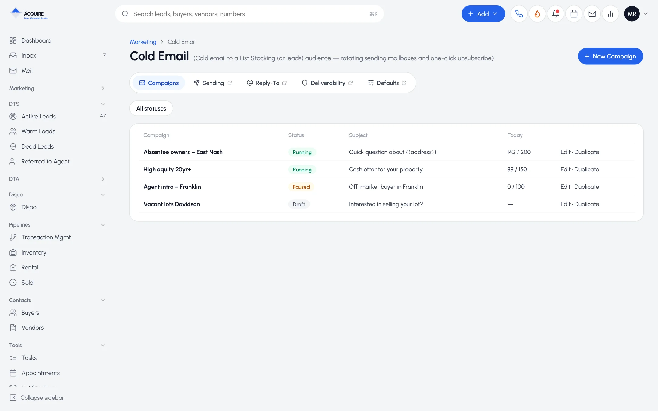 Cold Email campaigns list in REI Acquire with Sending, Reply-To and Deliverability tabs