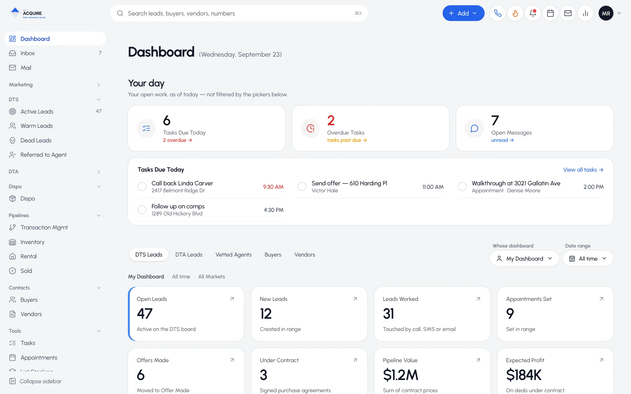 REI Acquire home dashboard with the day's tasks and KPI tiles
