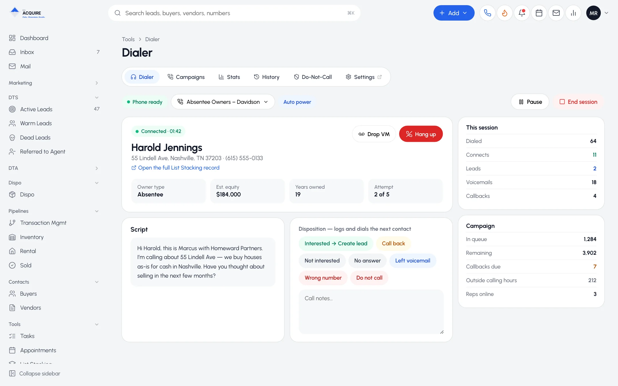 Cold calling Dialer with a live call, the script, dispositions and session and campaign stats