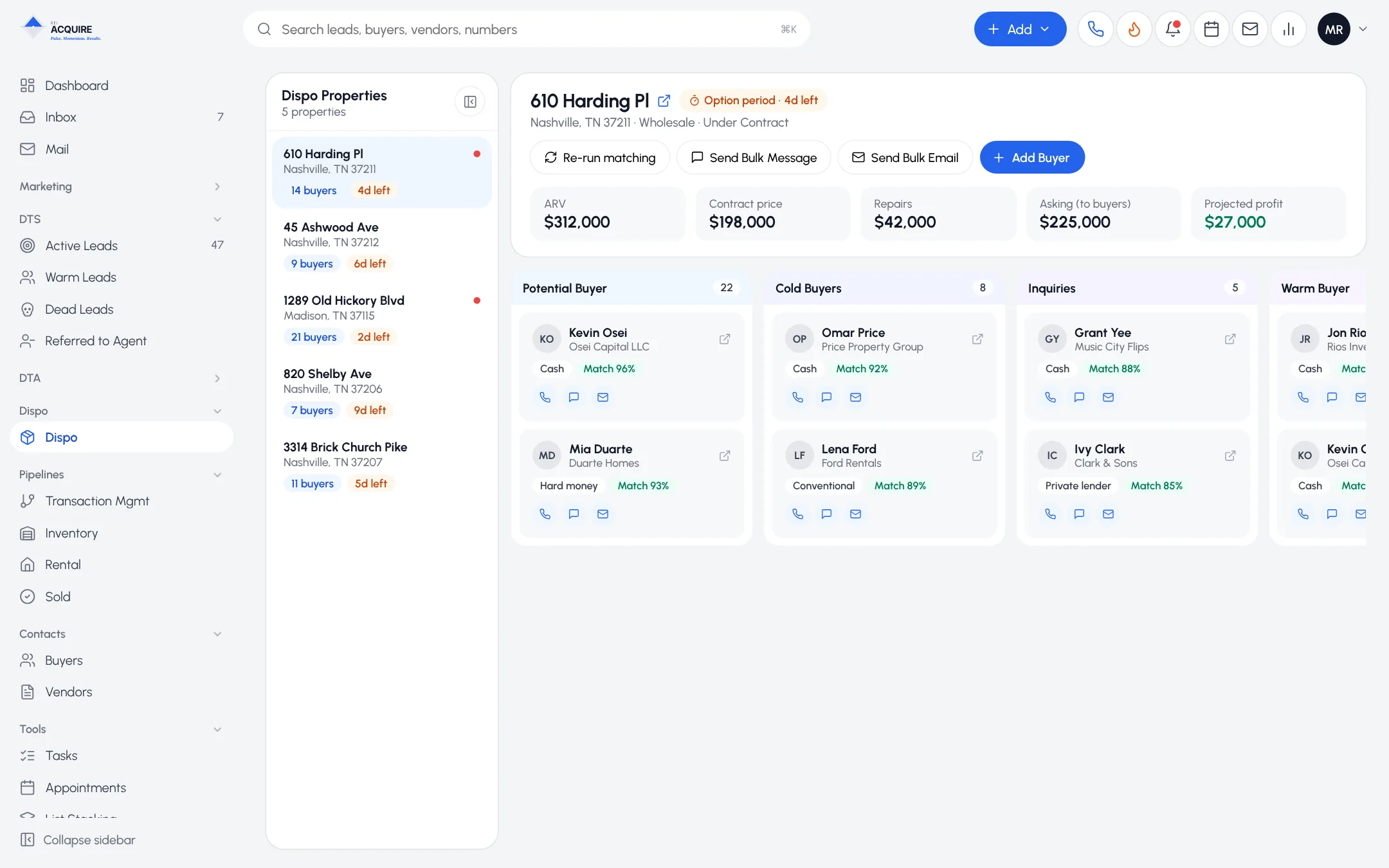 Dispo workspace with a property, its deal numbers and a buyer pipeline with match percentages