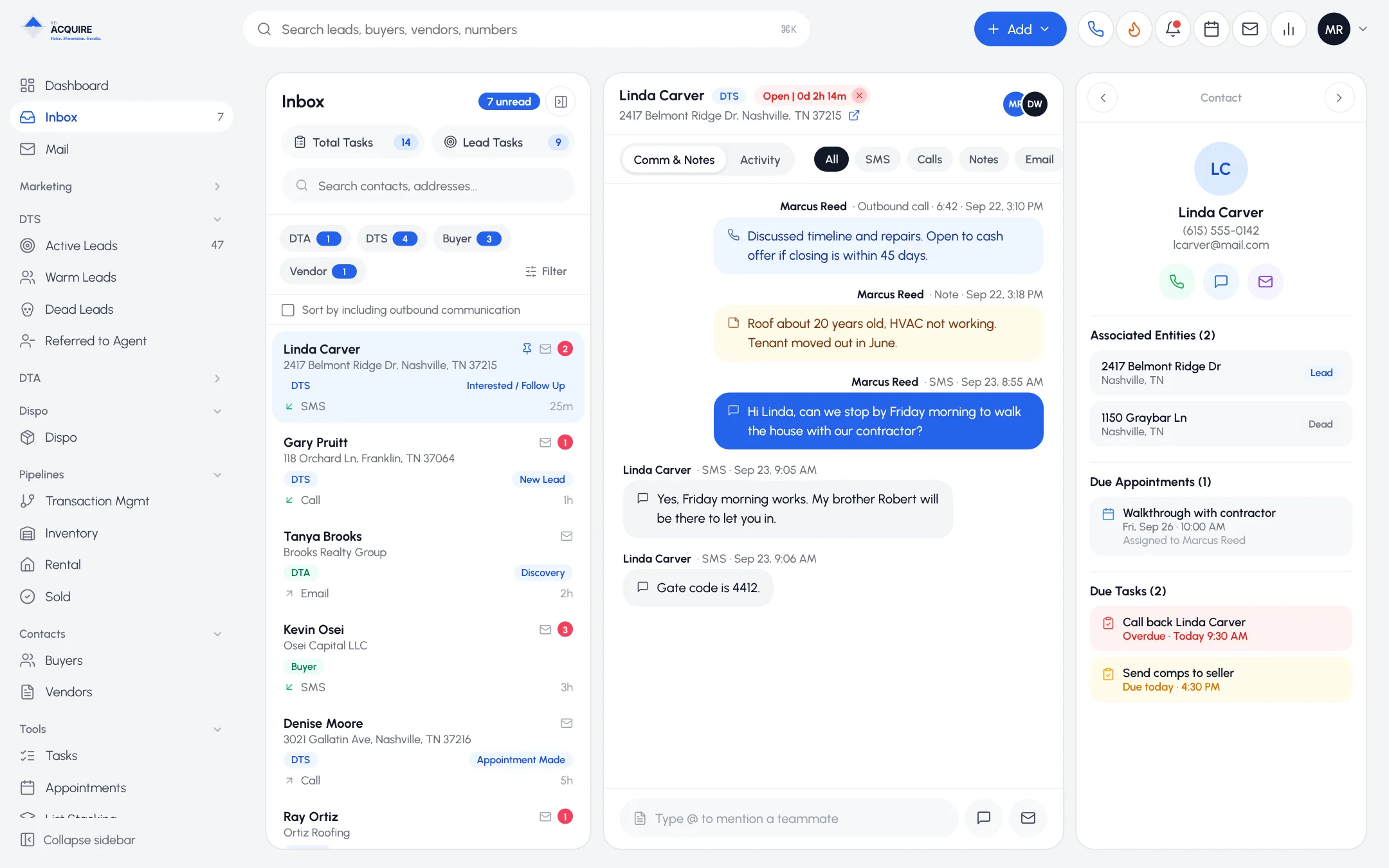 Unified Inbox with a conversation list, a thread of texts, calls and notes, and the contact panel