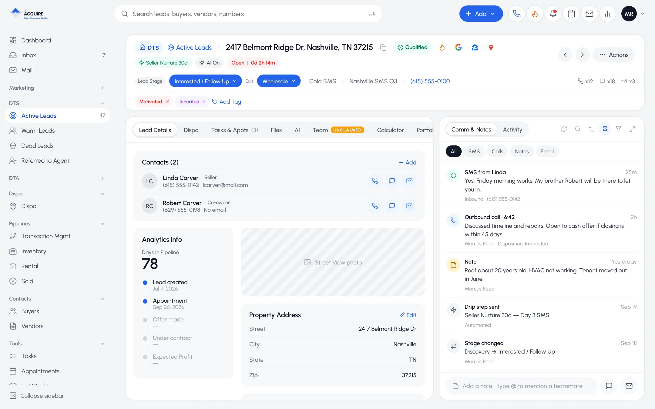 A lead record in REI Acquire showing the stage, contacts, property details, record tabs and the communication and notes feed
