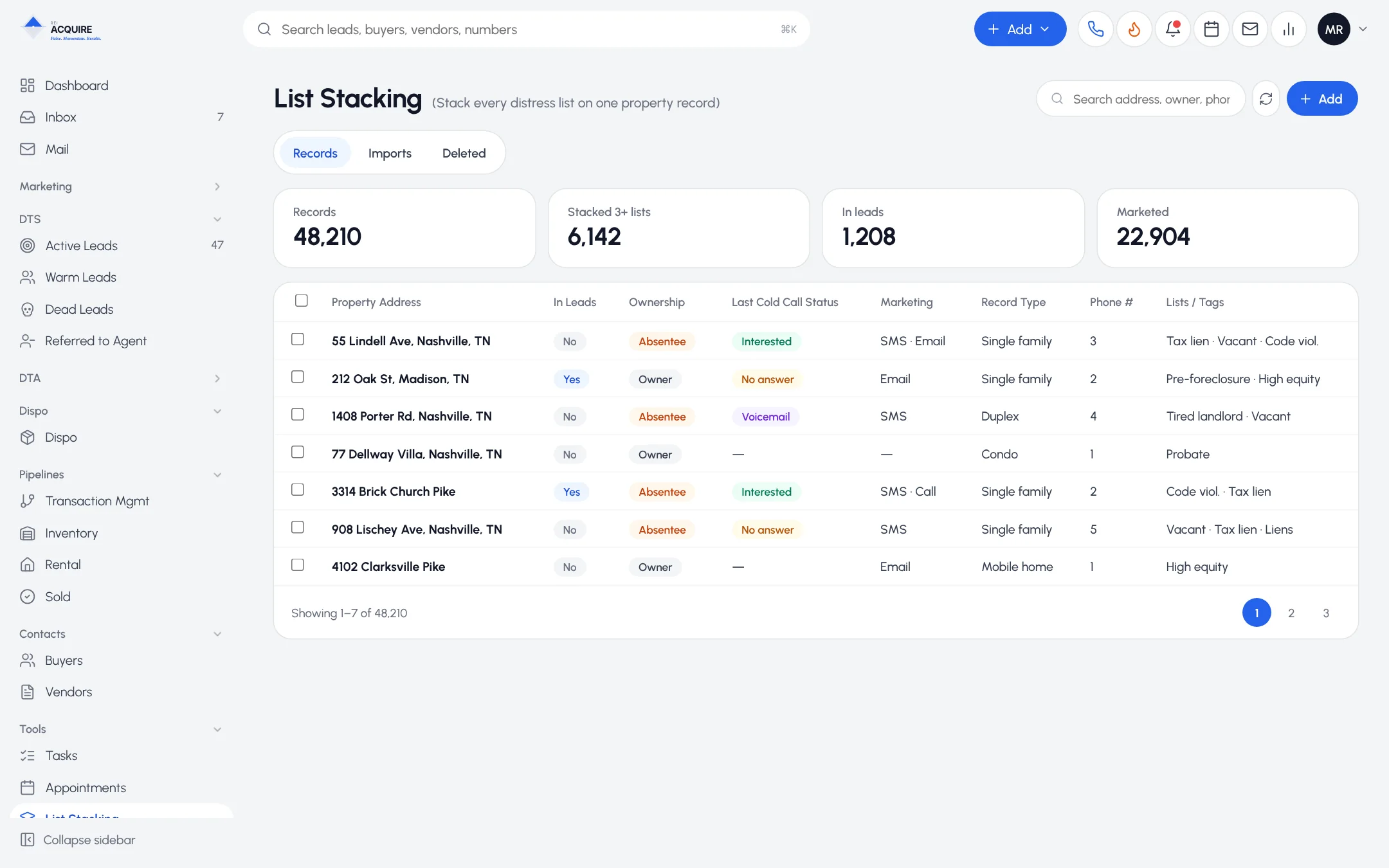 List Stacking table with stacked lists, tags and per-property cold call status