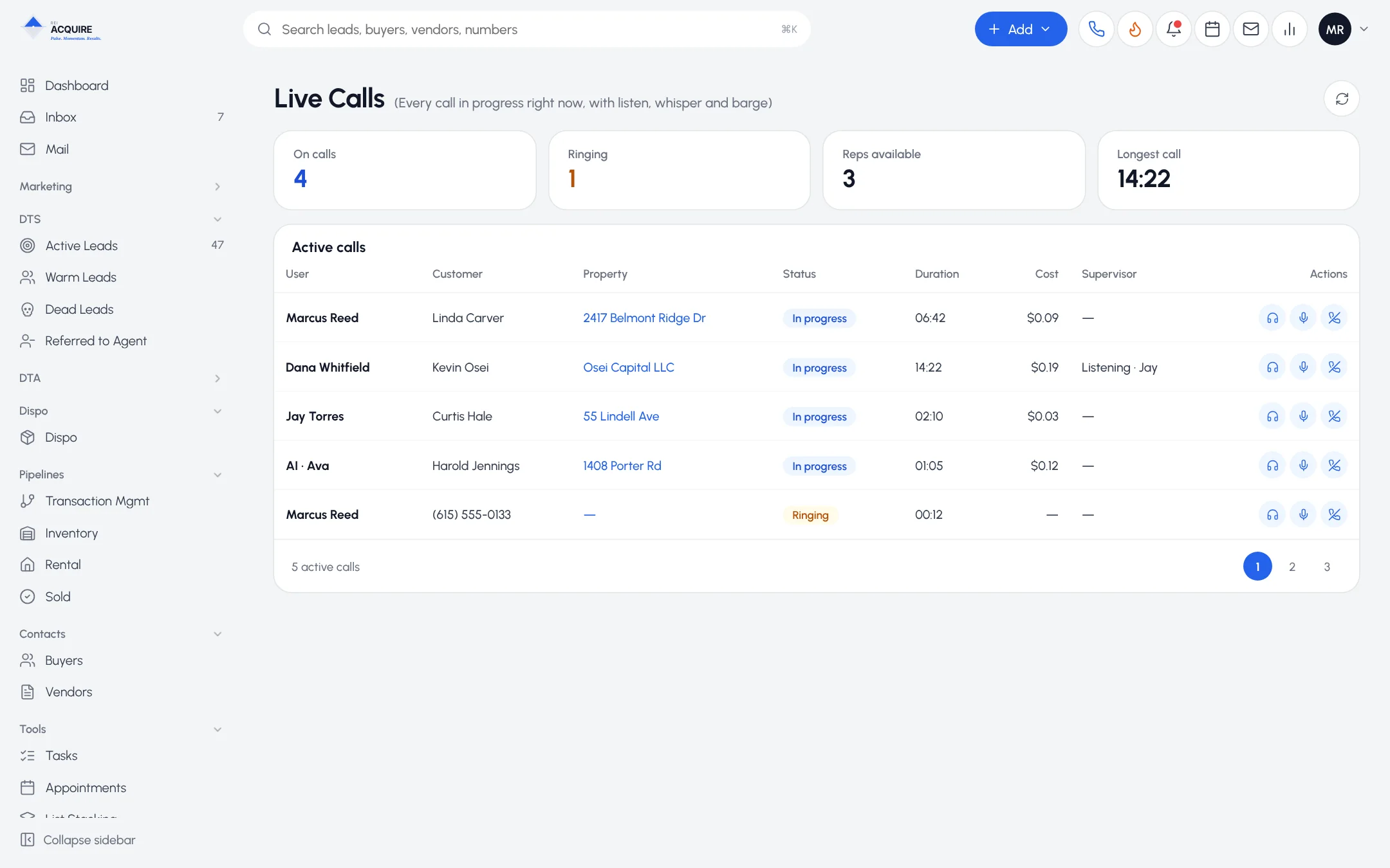 Live Calls view listing active calls with listen, whisper and join controls