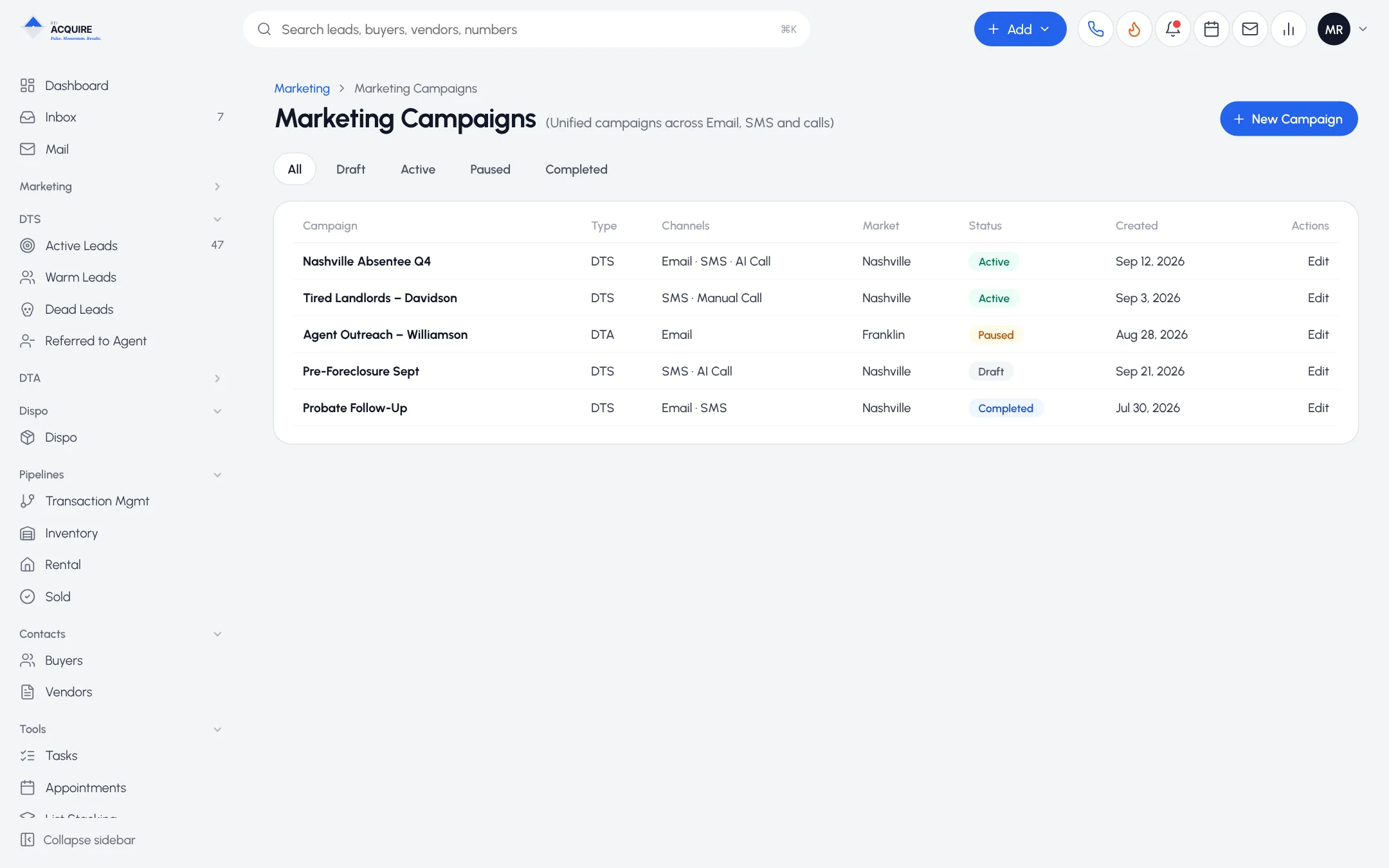 Marketing Campaigns list in REI Acquire with unified campaigns across Email, SMS, Manual Call and AI Call