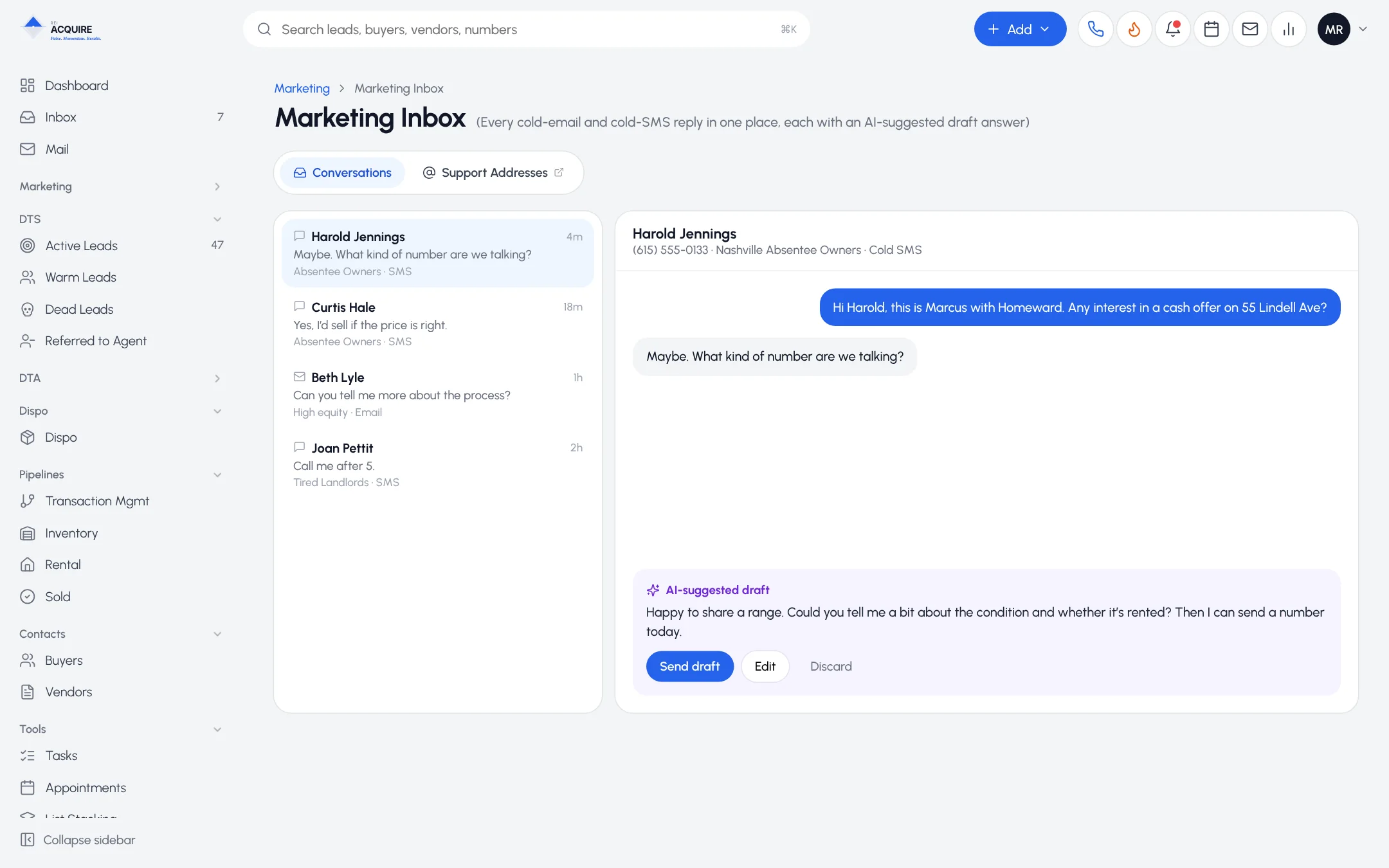 Marketing Inbox reply thread with an AI-suggested draft and Send draft, Edit and Discard buttons