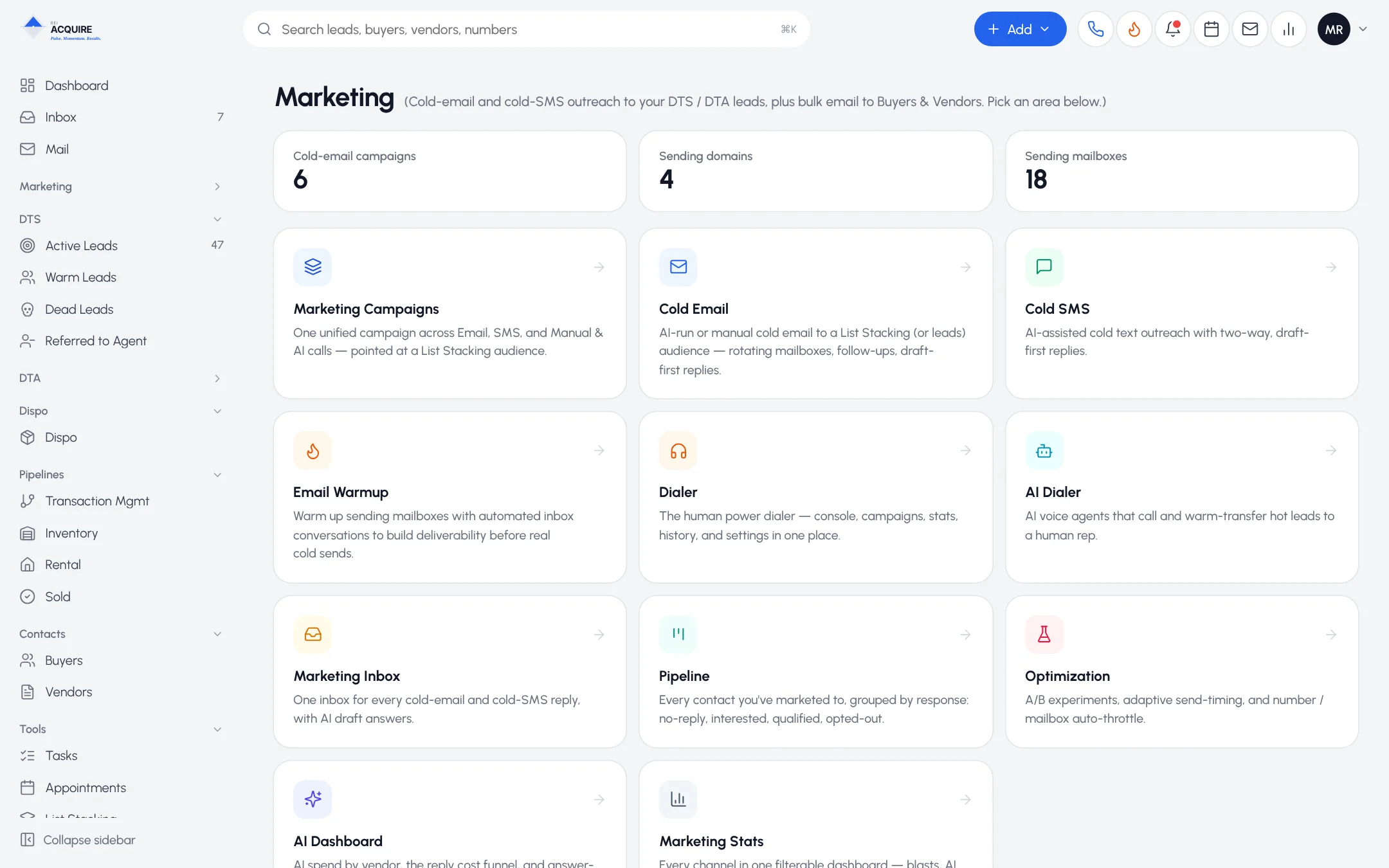 Marketing hub with tiles for Campaigns, Cold Email, Cold SMS, Email Warmup, Dialer and AI Dialer
