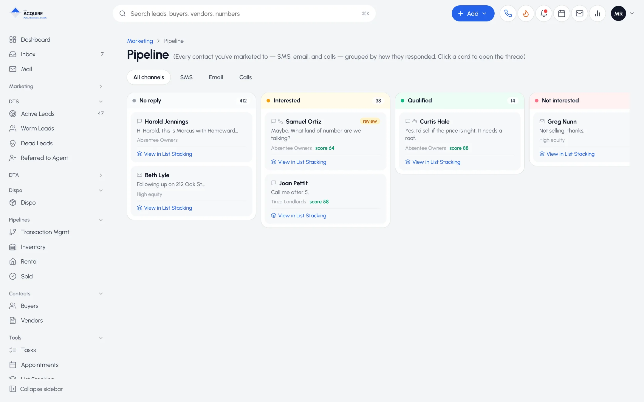Marketing Pipeline with contacts grouped by response: No reply, Interested and Qualified