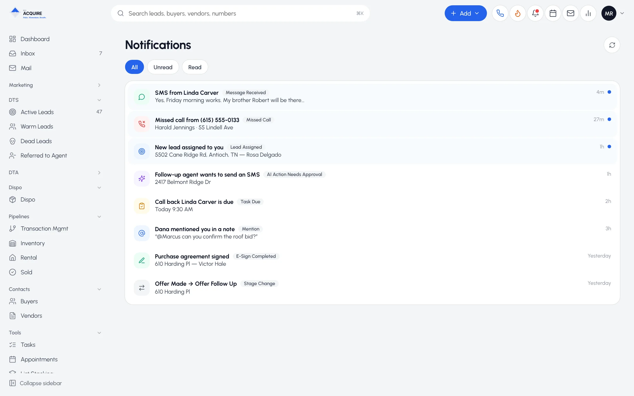 Notifications list with SMS received, missed call, AI action needs approval and purchase agreement signed alerts