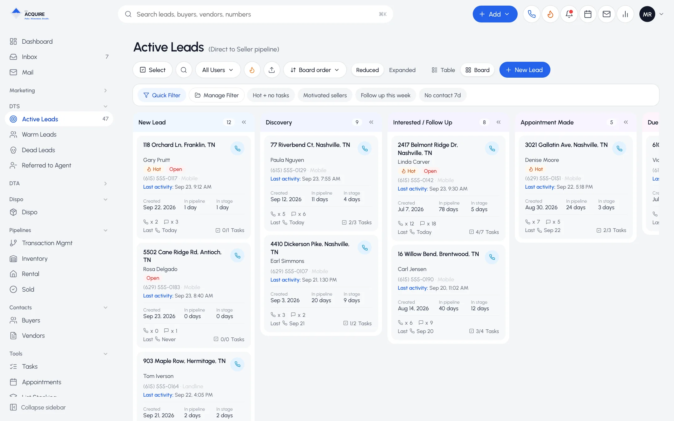 Direct-to-Seller pipeline board with leads grouped by stage