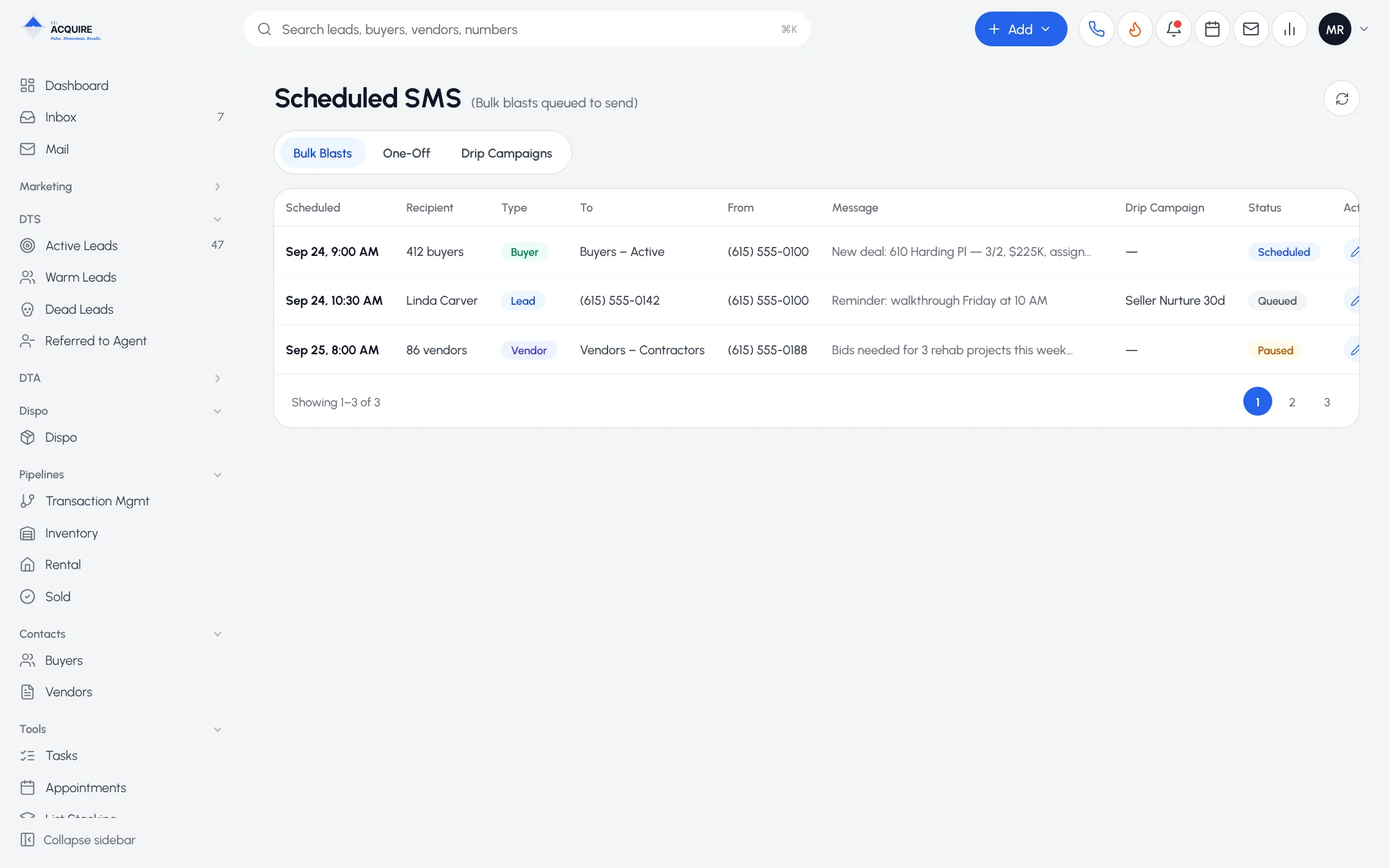 Scheduled SMS queue with bulk blasts, one-off and drip sends waiting to go out