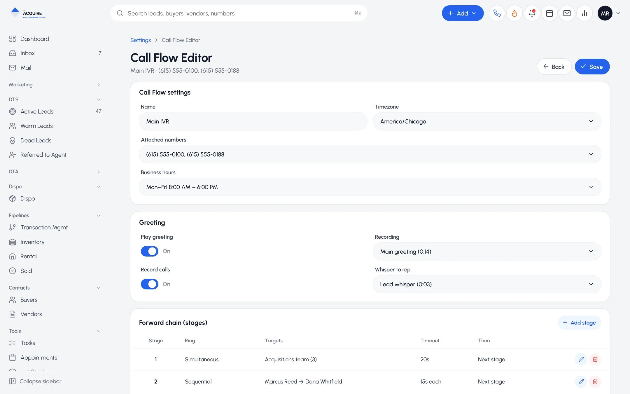 Call Flow Editor with greeting, recording, whisper and the forward chain for routing a number