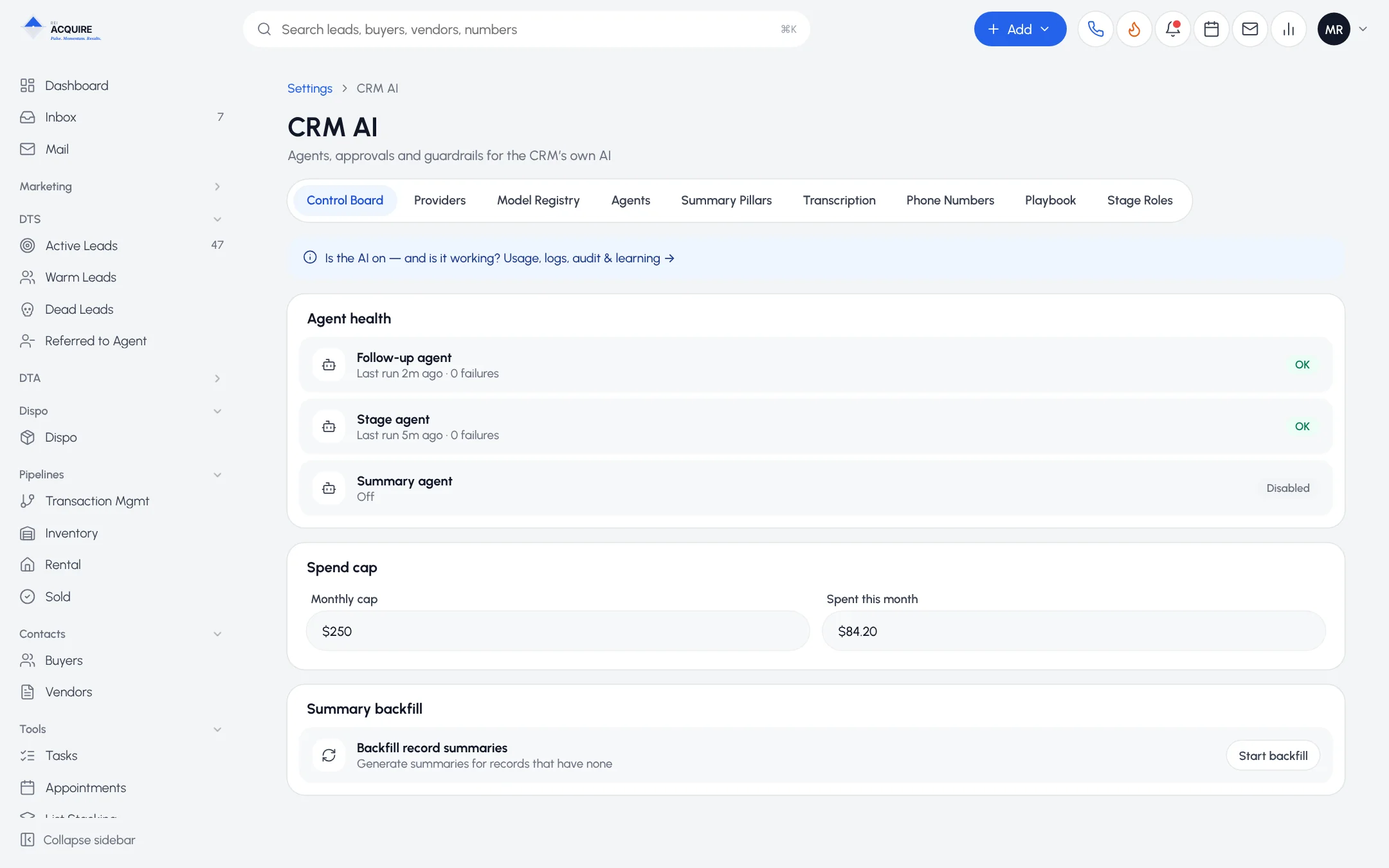 CRM AI settings showing agent health, the spend cap and summaries