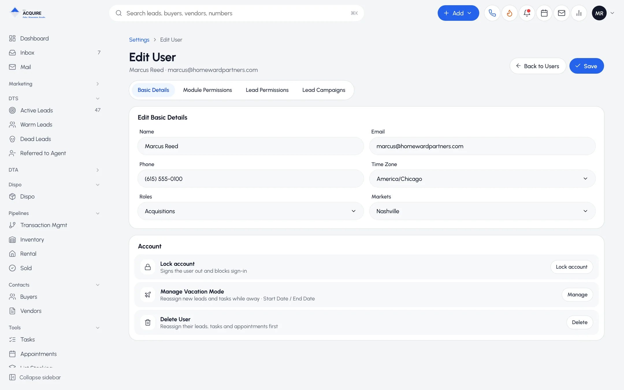 Edit User screen showing basic details, module permissions, lead permissions and markets for one team member