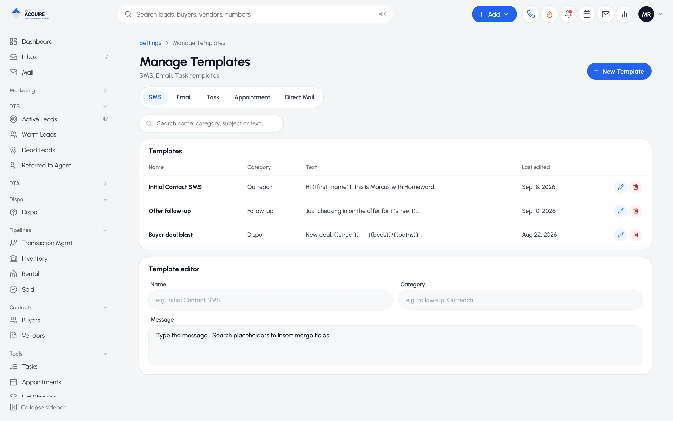 Manage Templates settings screen with SMS, Email and Task template tabs and the template editor