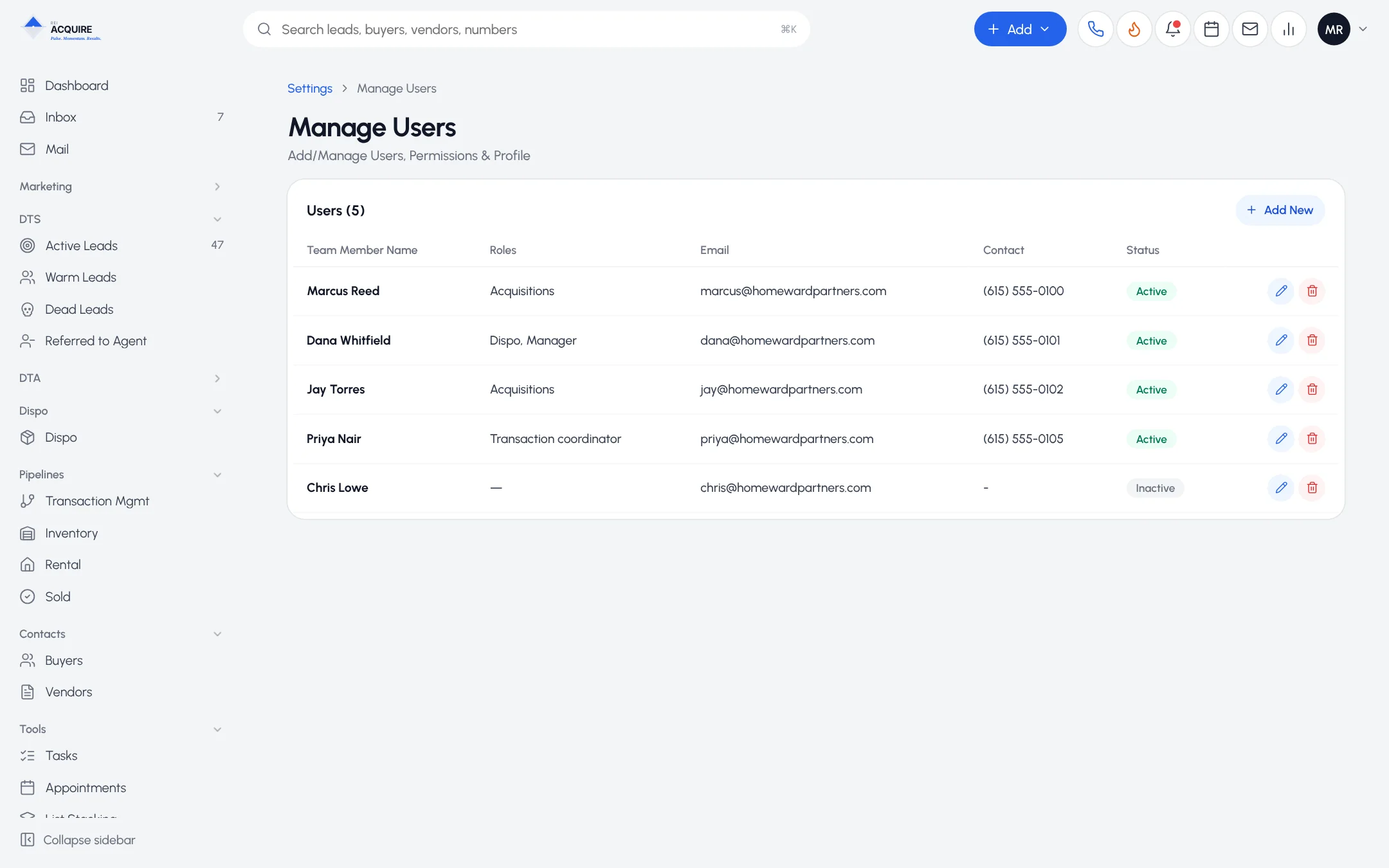 Manage Users screen in REI Acquire listing team members with their roles and status