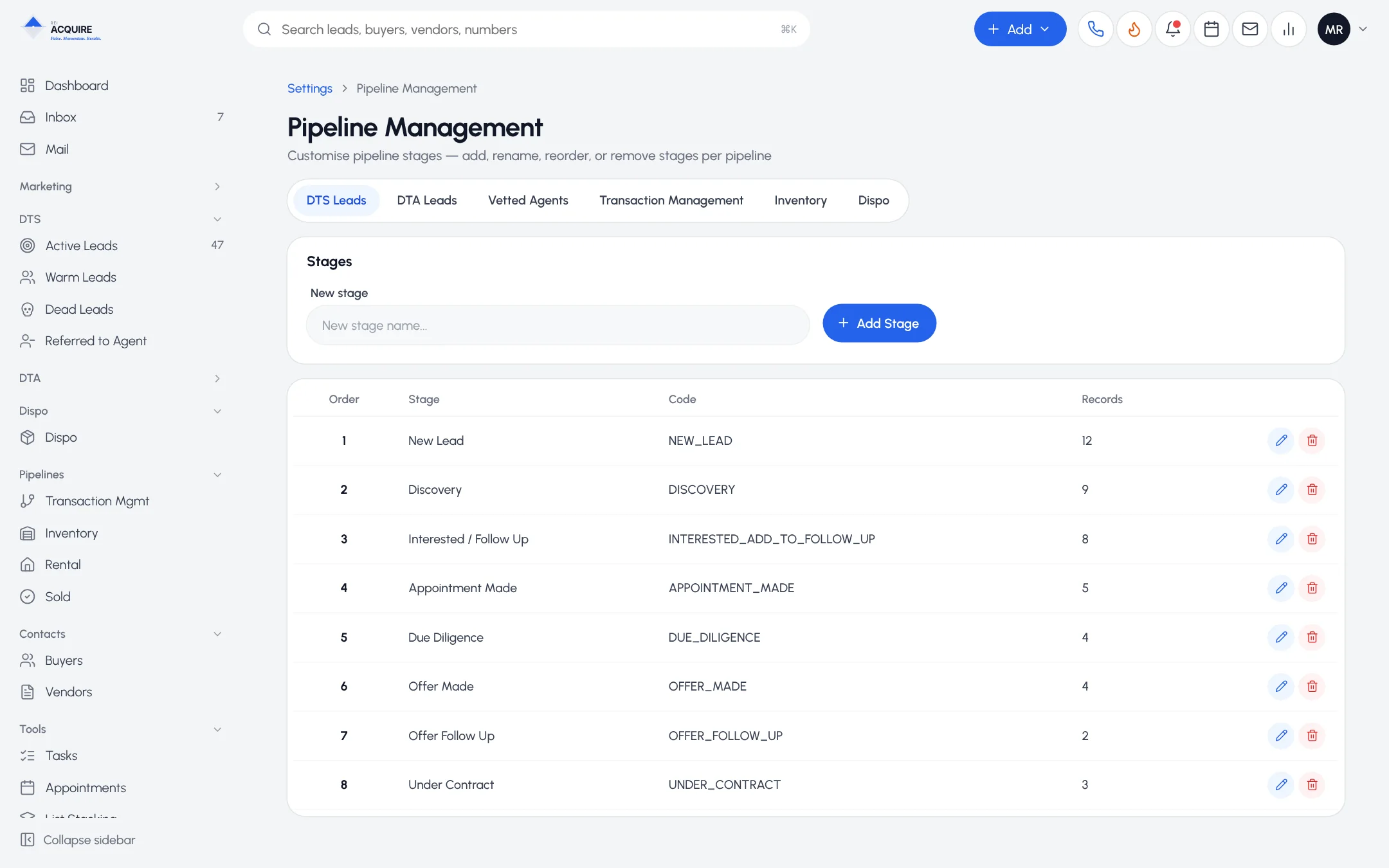 Pipeline Management settings for adding, renaming and reordering the stages of each pipeline