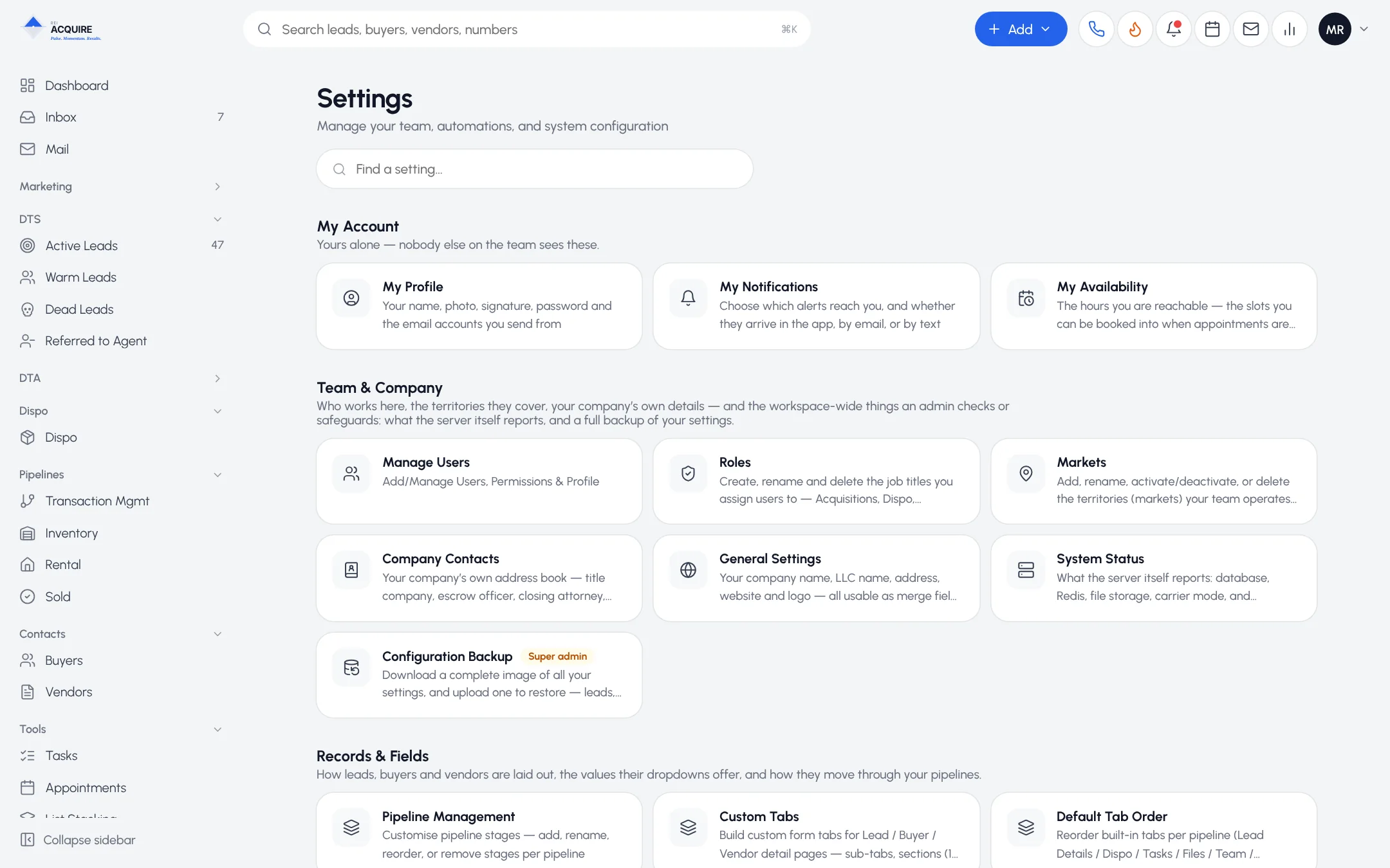 Settings hub with users, roles, markets, configuration backup and custom tabs