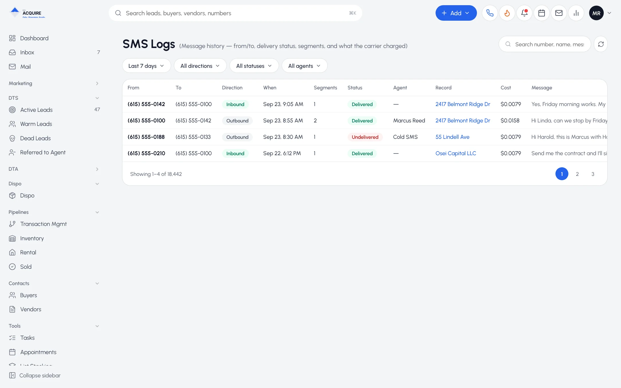 SMS Logs table with direction, delivery status, segments and carrier cost for each message