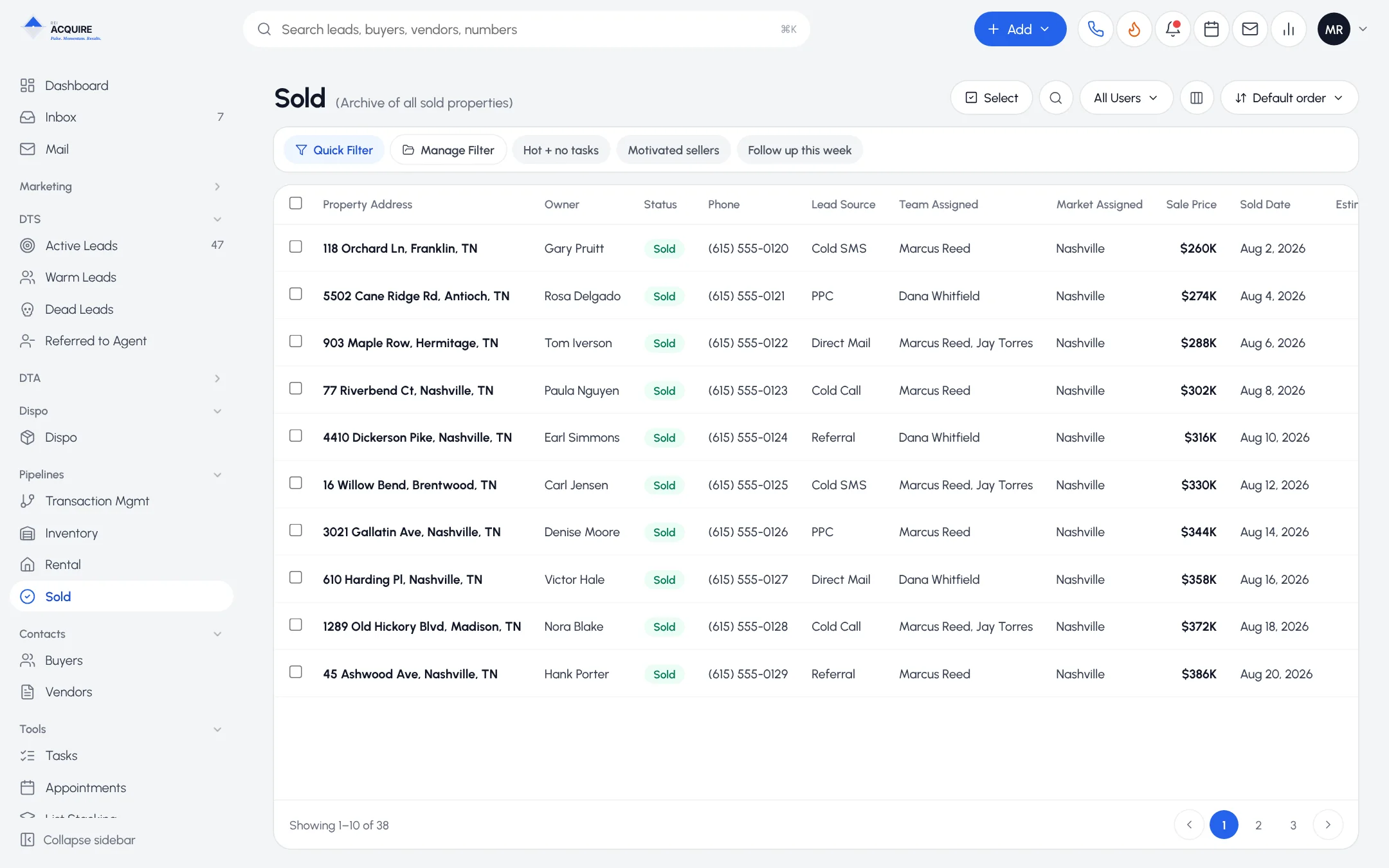 Sold archive table with sale price and sold date for each property