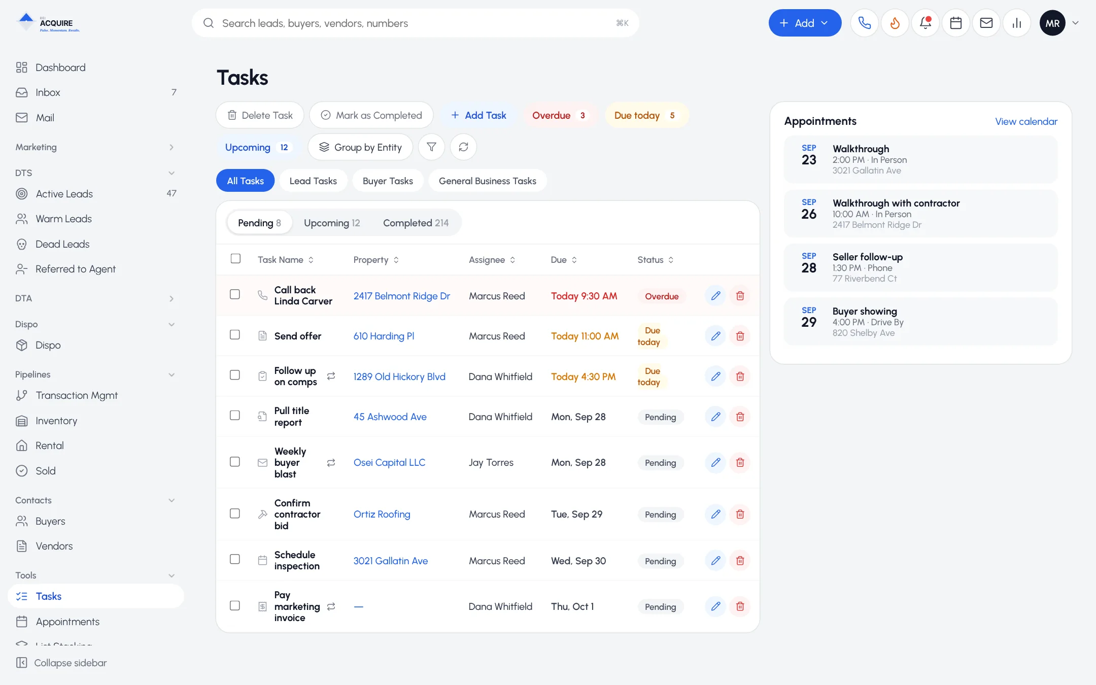 Tasks list with due dates beside the upcoming appointments rail