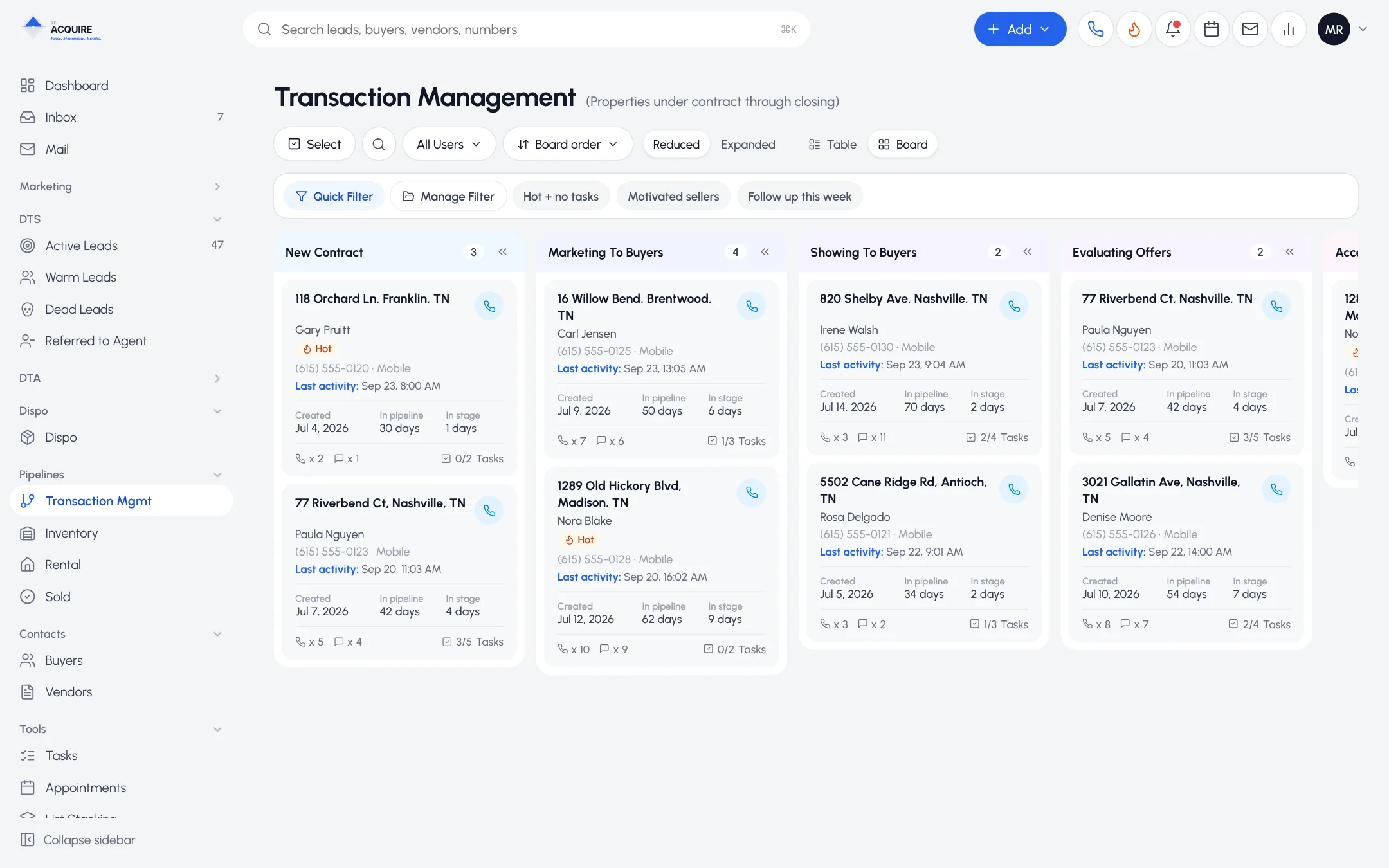Transaction Management board with New Contract, Marketing To Buyers, Showing and Evaluating Offers stages
