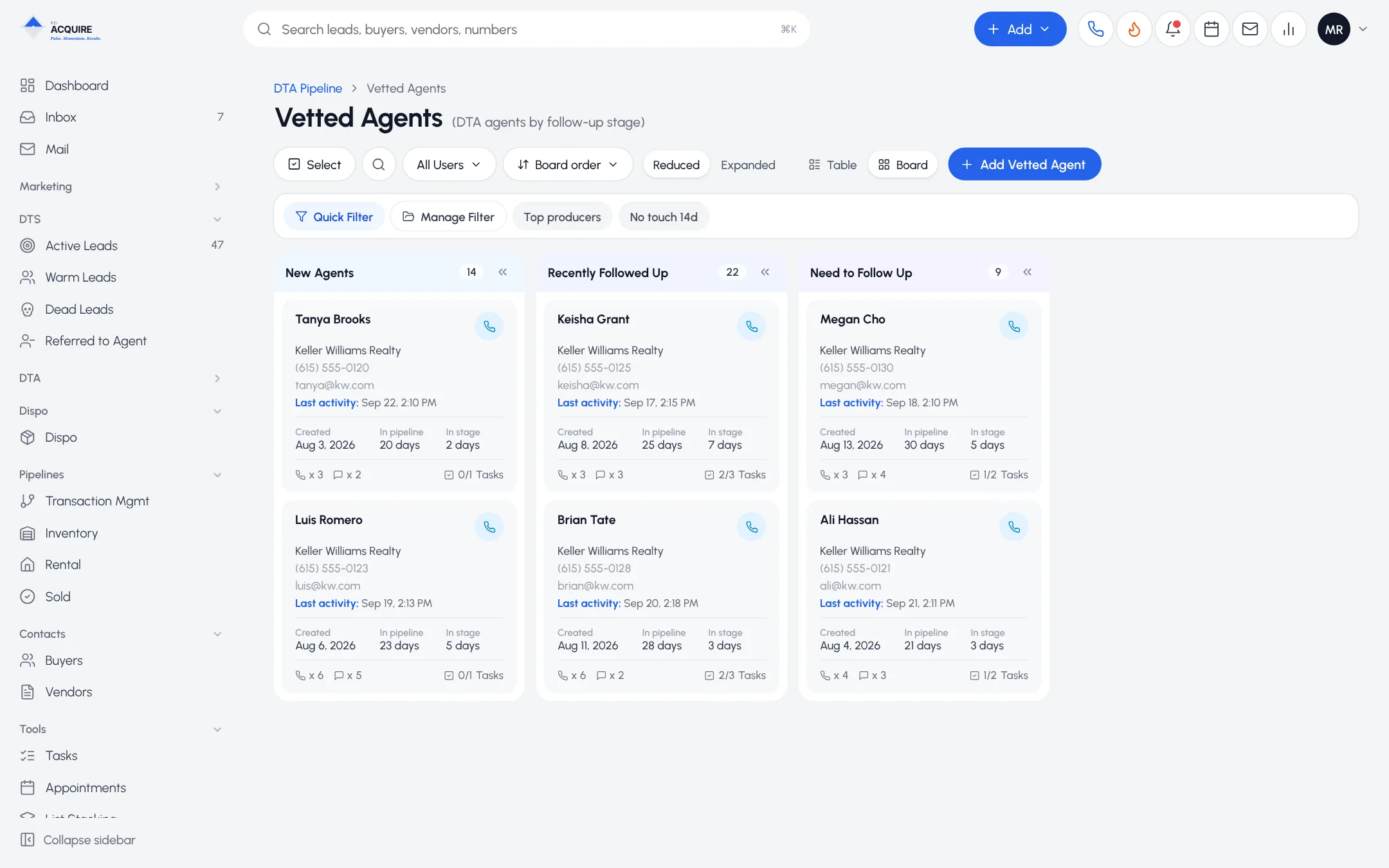 Vetted Agents board listing agents by stage